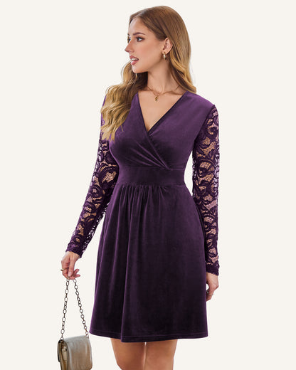 AUSELILY dark purple velvet faux wrap dress with a V-neck, long floral lace sleeves, and an A-line skirt