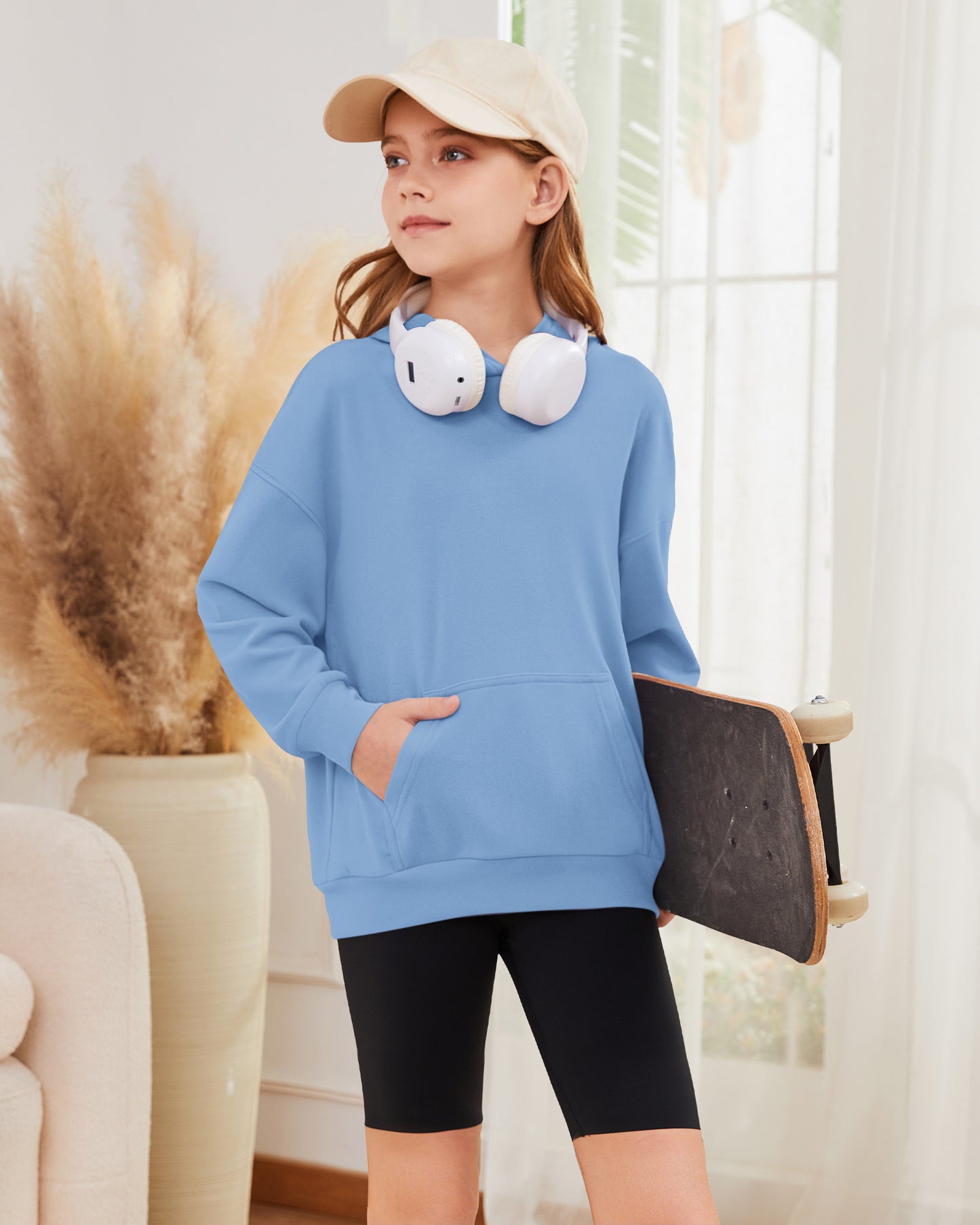 AUSELILY girls light blue fleece pullover hoodie with kangaroo pocket