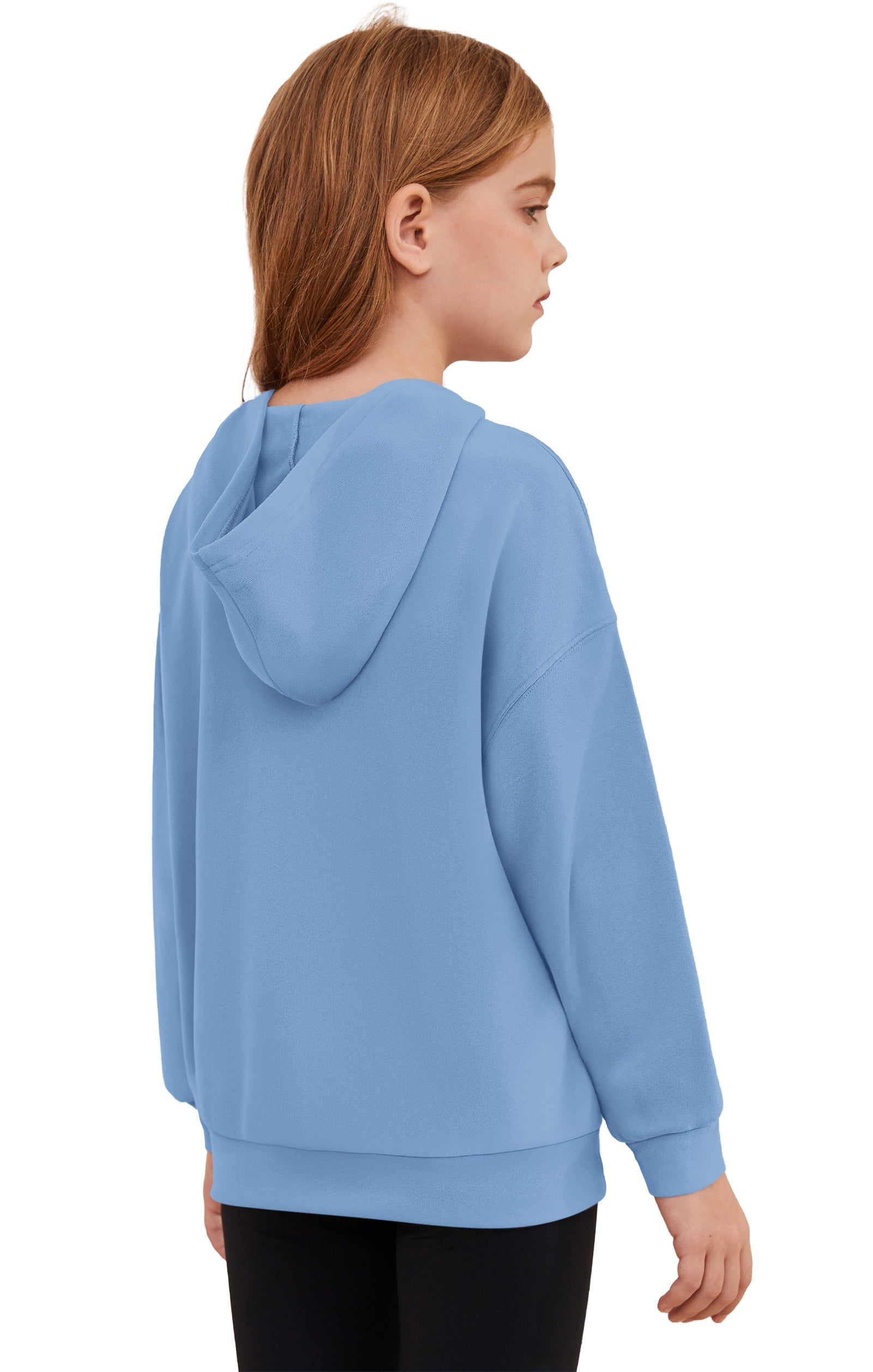 Back view of AUSELILY girls light blue fleece pullover hoodie