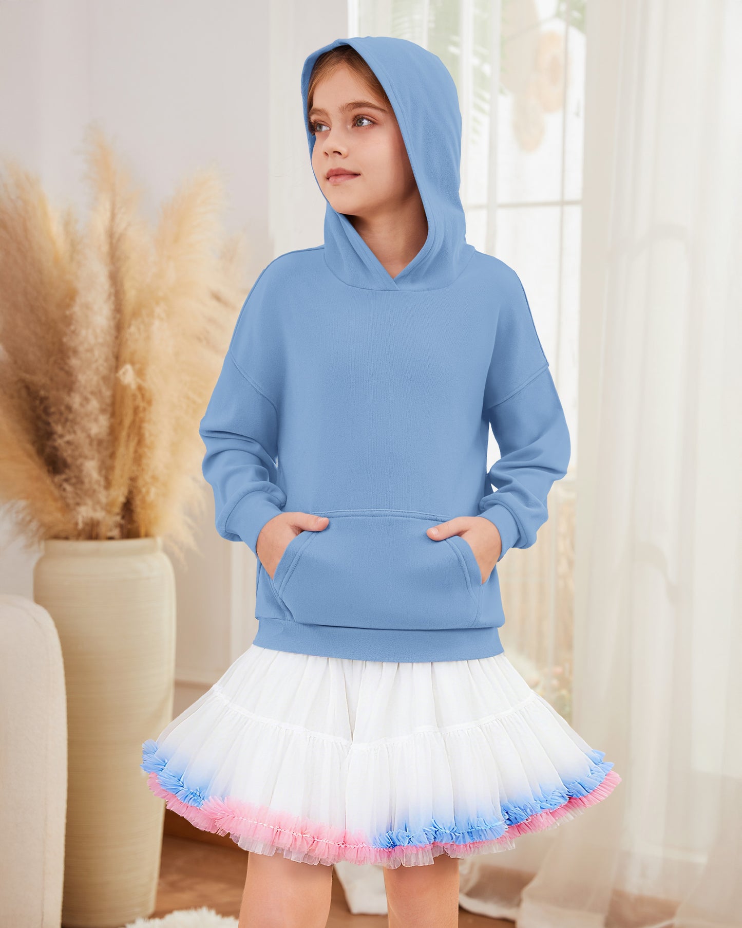 AUSELILY girls light blue fleece pullover hoodie with kangaroo pocket