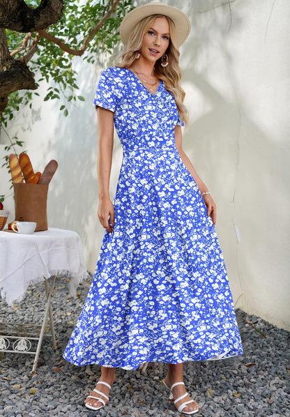 AUSELILY Maxi Dresses for Women Ankle Length Floral Print Beach Long Flowy Dress with Pockets