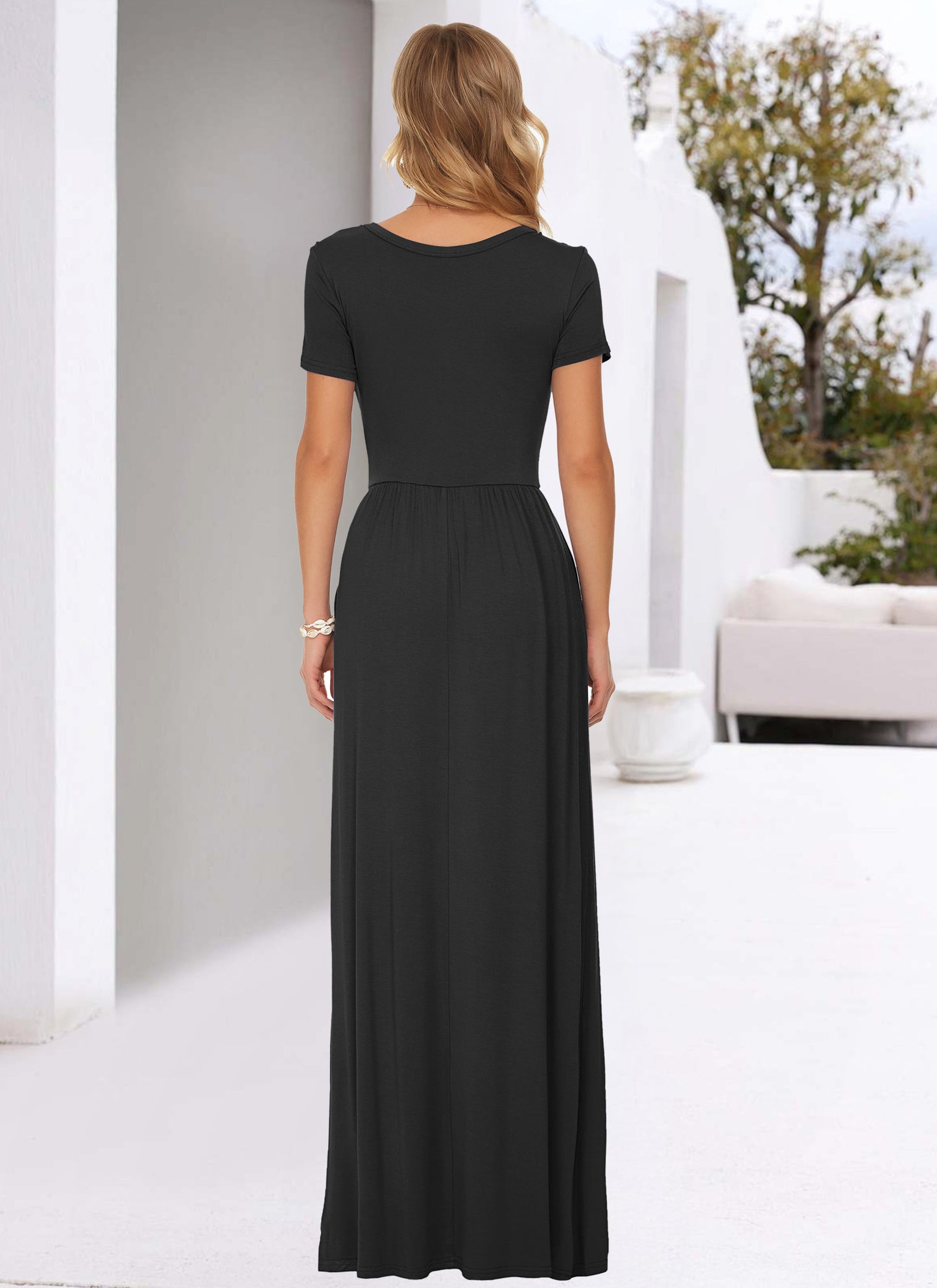 AUSELILY Women's Classic Short Sleeve Loose Plain Casual Long Maxi Dresses