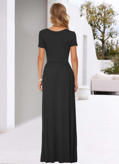 AUSELILY Women's Classic Short Sleeve Loose Plain Casual Long Maxi Dresses