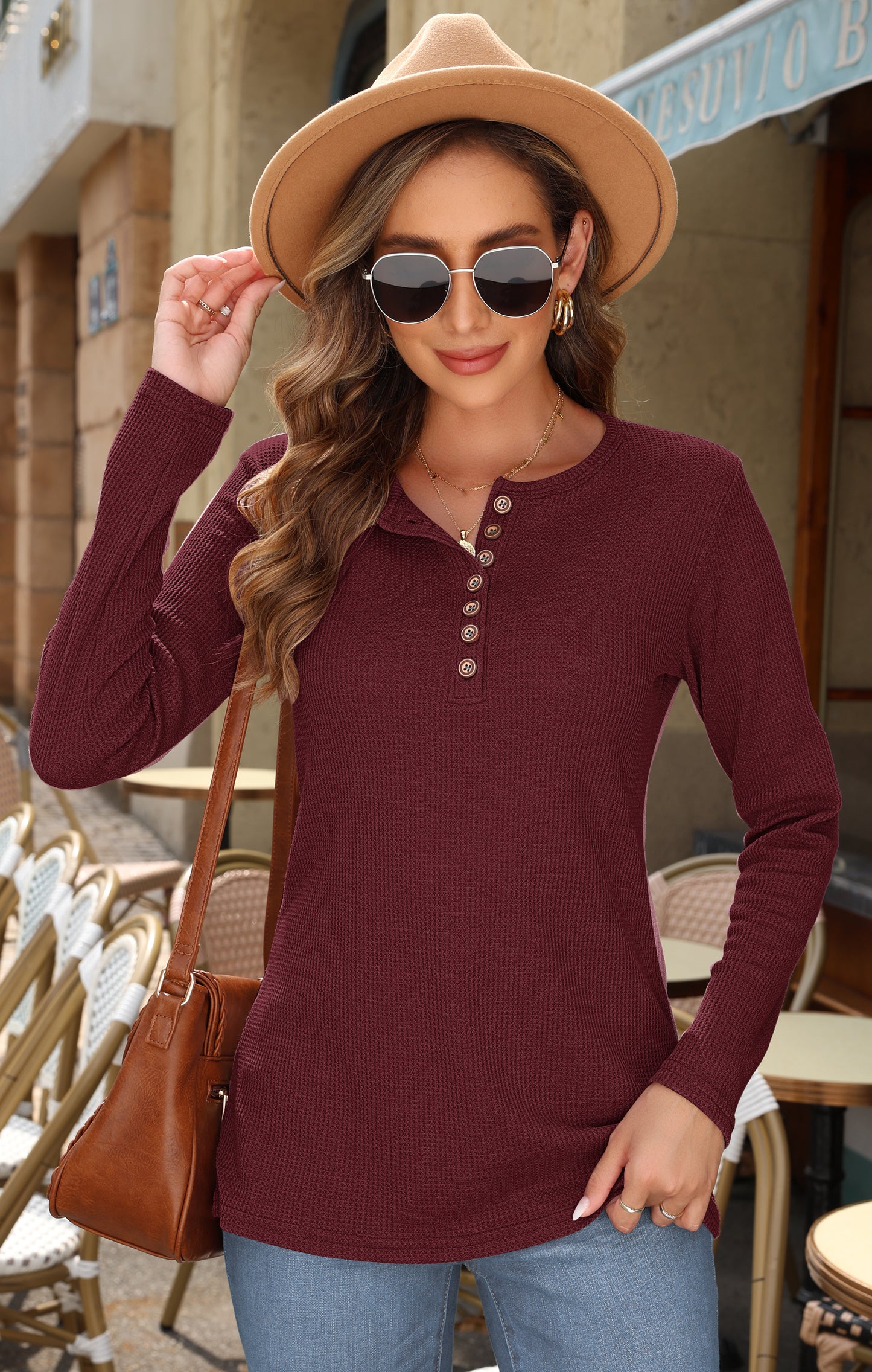 AUSELILY women's beige waffle knit henley top with long sleeves and button V neck