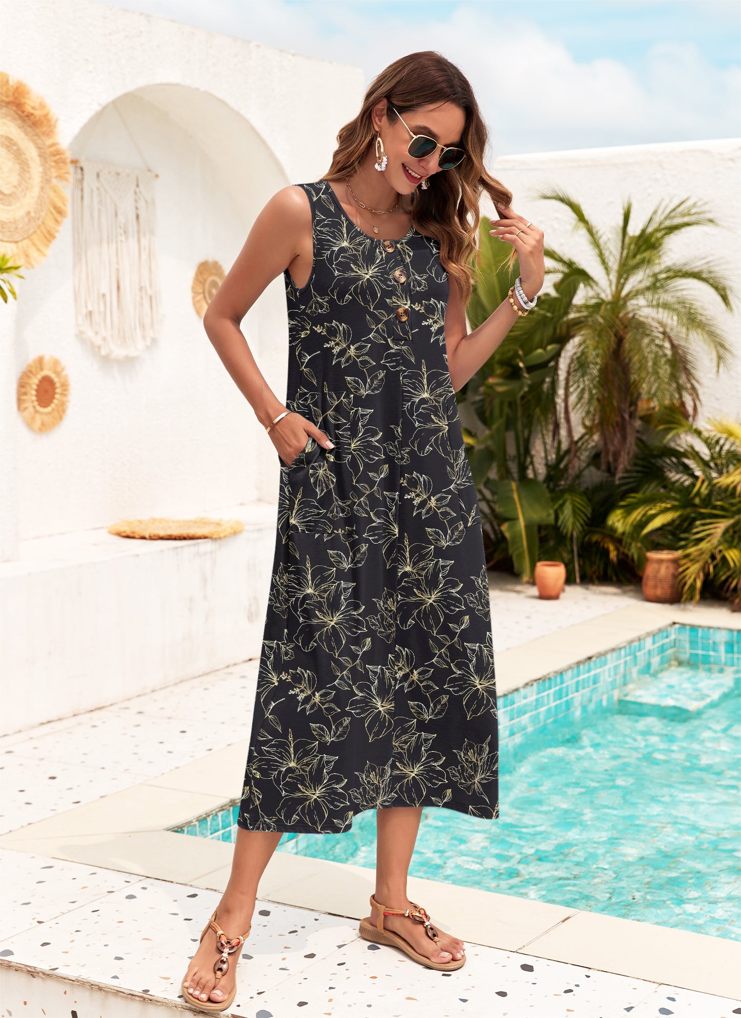 AUSELILY Women's Sleeveless Button Down Summer Maxi Dress