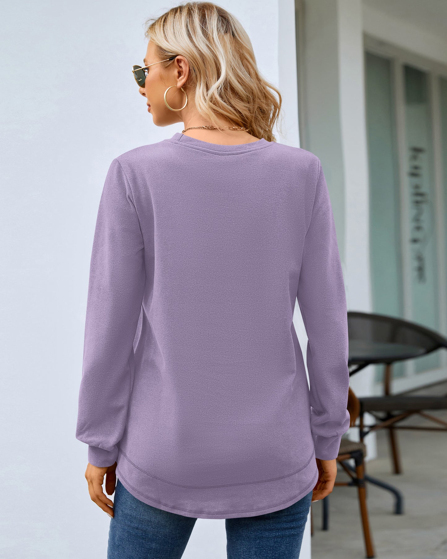 Back view of AUSELILY women's light purple long sleeve crewneck sweatshirt