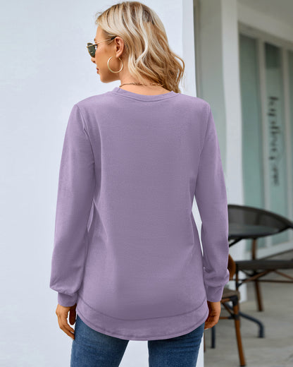 Back view of AUSELILY women's light purple long sleeve crewneck sweatshirt