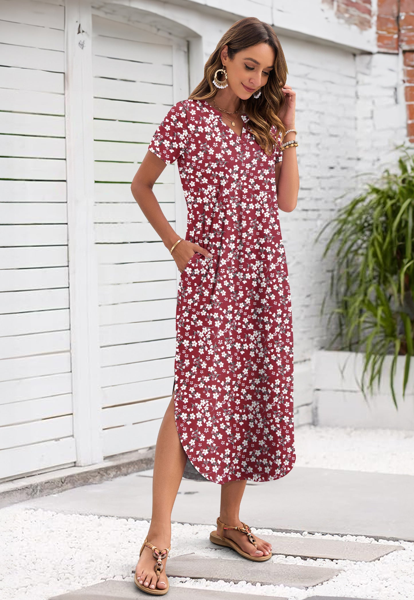 AUSELILY Women's Maxi Dress V Neck Split Long Beach T Shirt Dress