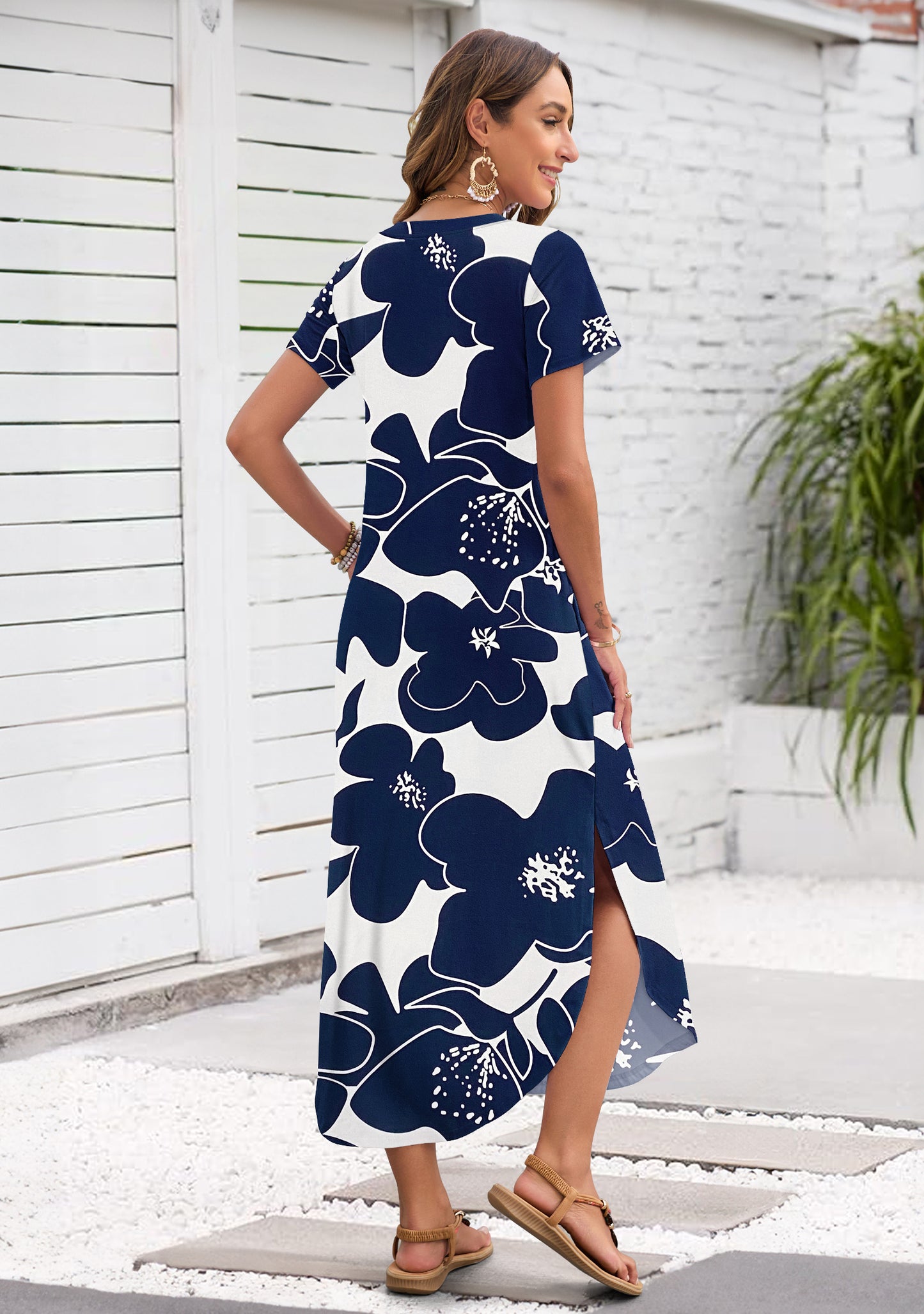 AUSELILY Women's Maxi Dress V Neck Split Long Beach T Shirt Dress
