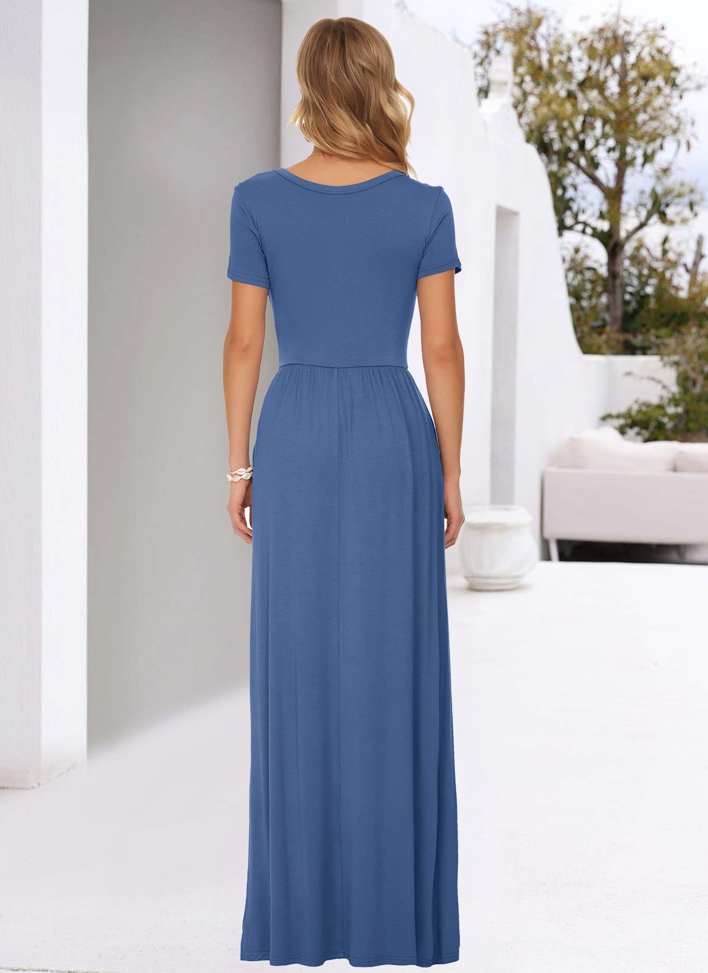 AUSELILY Women's Classic Short Sleeve Loose Plain Casual Long Maxi Dresses