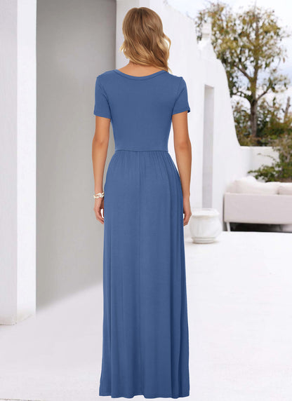 AUSELILY Women's Classic Short Sleeve Loose Plain Casual Long Maxi Dresses