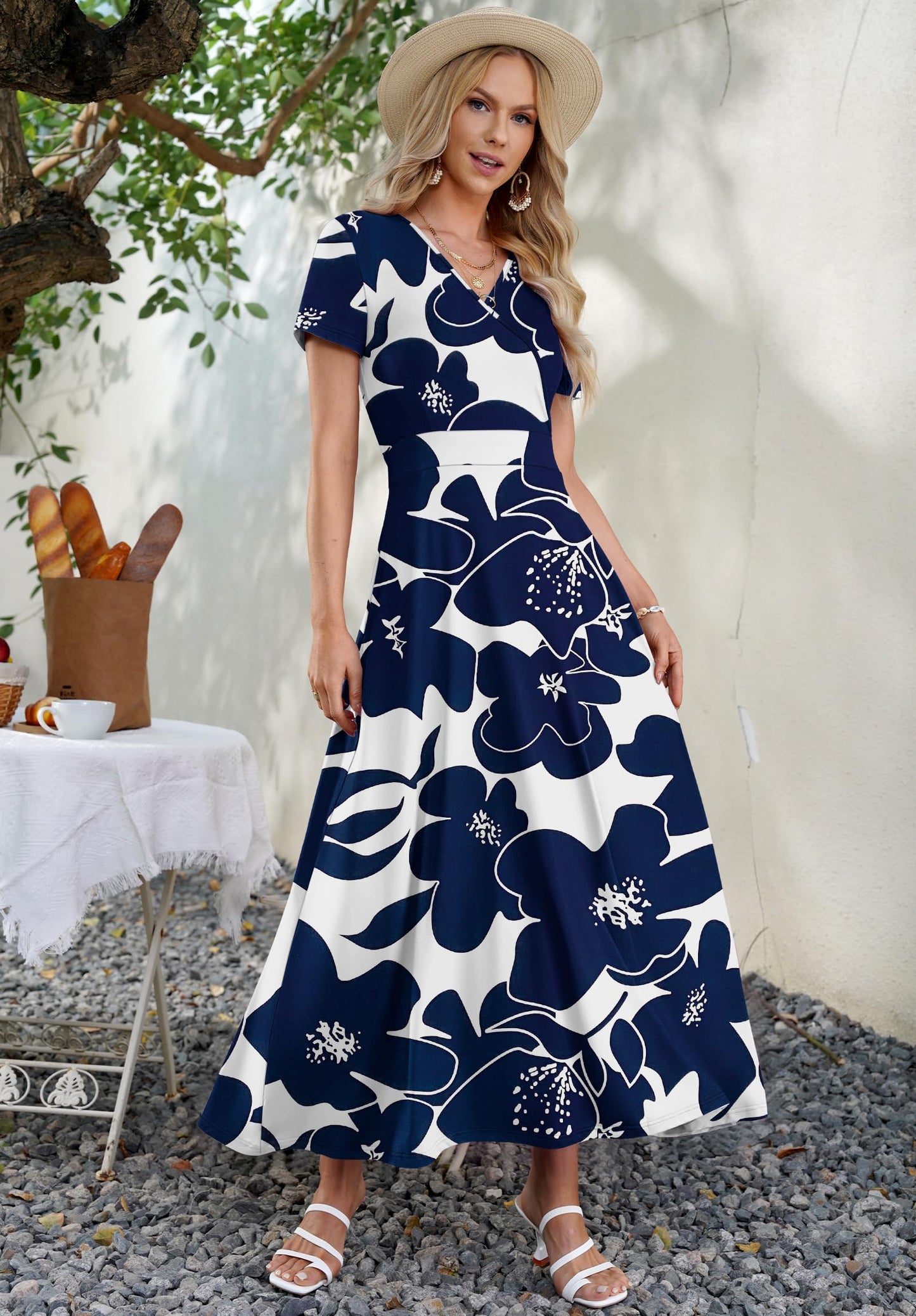AUSELILY Maxi Dresses for Women Ankle Length Floral Print Beach Long Flowy Dress with Pockets