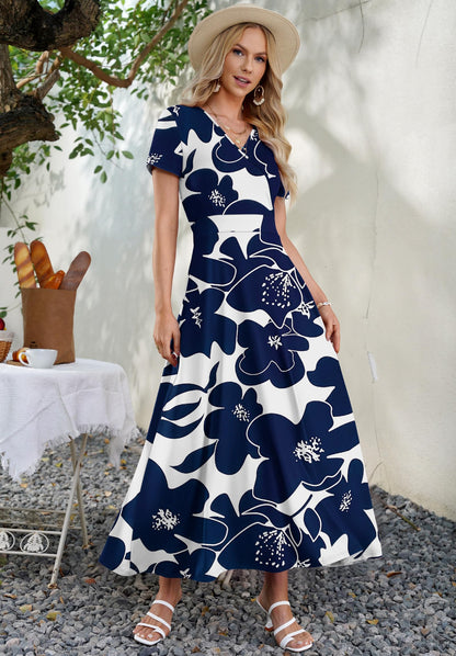AUSELILY Maxi Dresses for Women Ankle Length Floral Print Beach Long Flowy Dress with Pockets