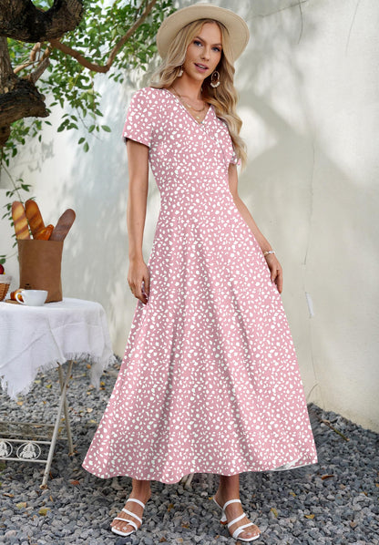 AUSELILY Maxi Dresses for Women Ankle Length Floral Print Beach Long Flowy Dress with Pockets