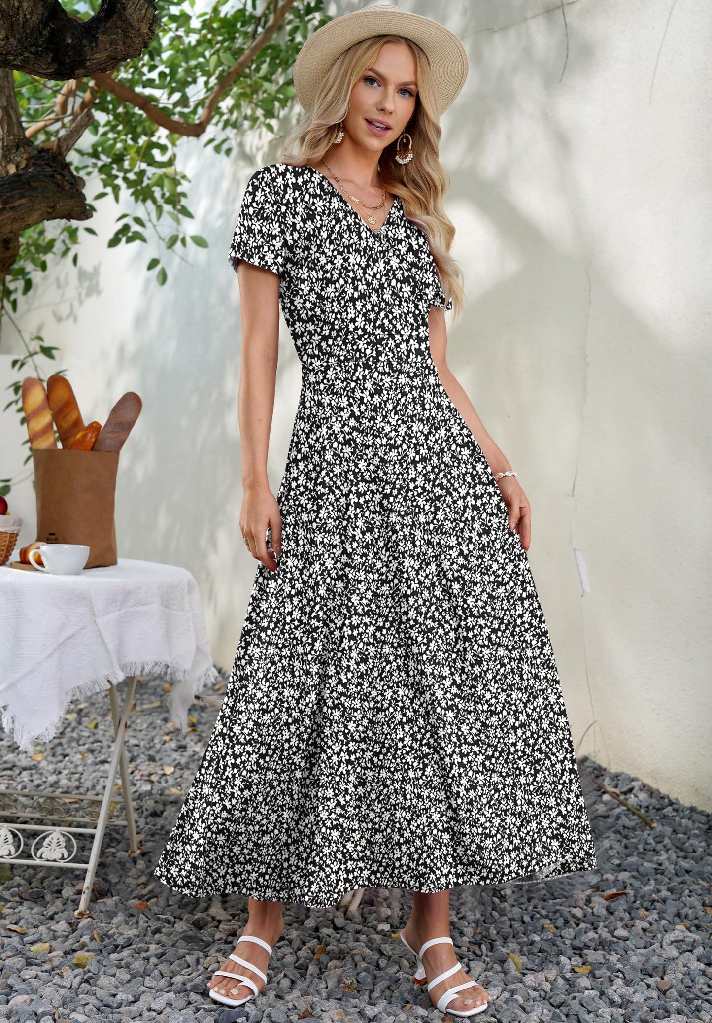 AUSELILY Maxi Dresses for Women Ankle Length Floral Print Beach Long Flowy Dress with Pockets