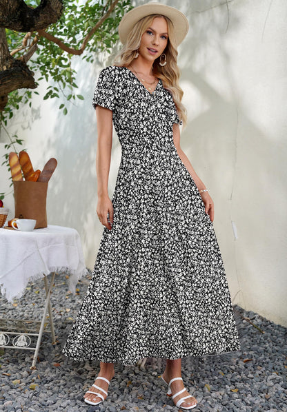 AUSELILY Maxi Dresses for Women Ankle Length Floral Print Beach Long Flowy Dress with Pockets