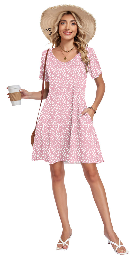 AUSELILY Tshirt Dress Women Swing Floral Short Sleeve V Neck Vacation Beach Mini Dress with Pockets