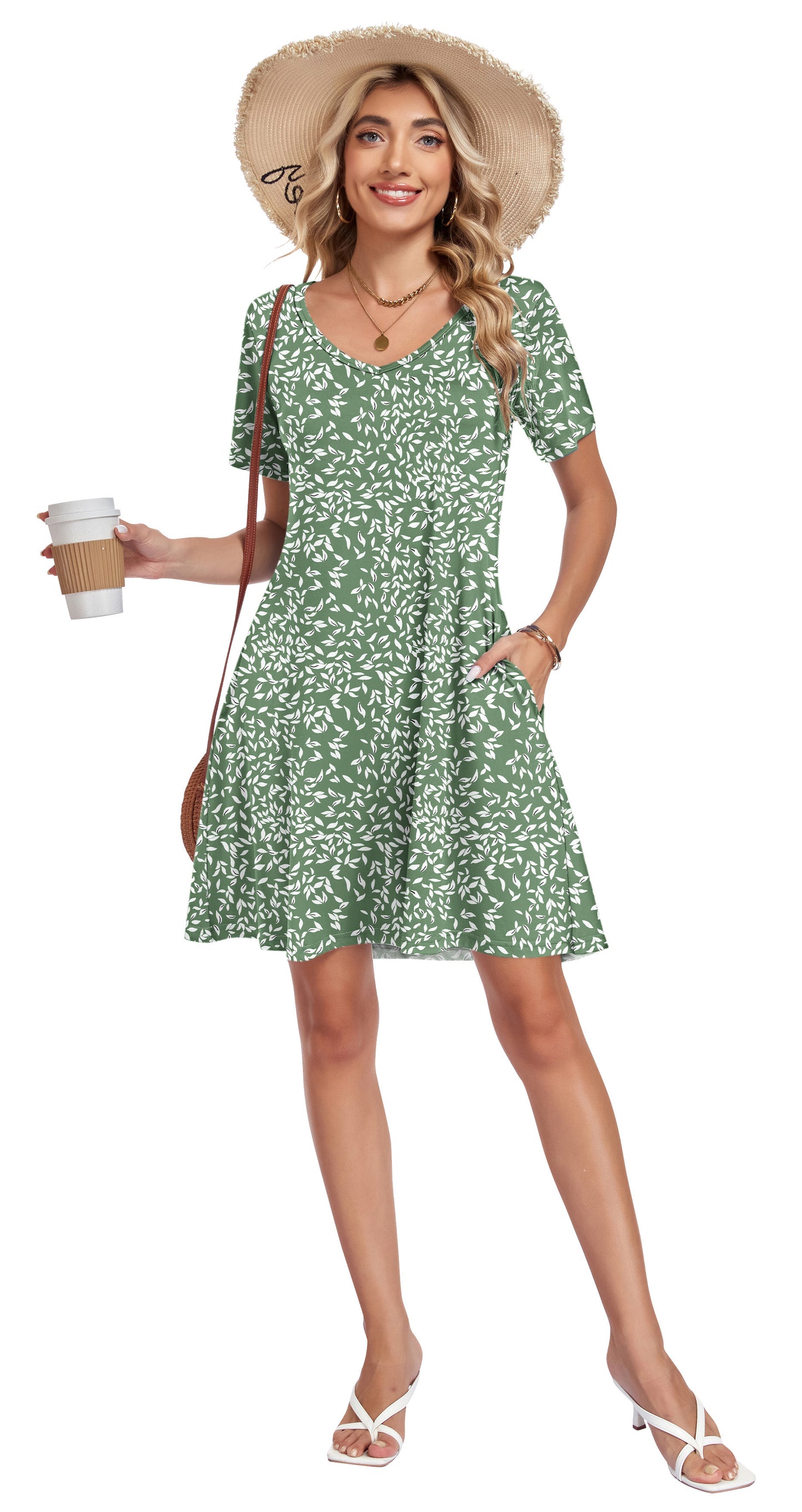 AUSELILY Tshirt Dress Women Swing Floral Short Sleeve V Neck Vacation Beach Mini Dress with Pockets