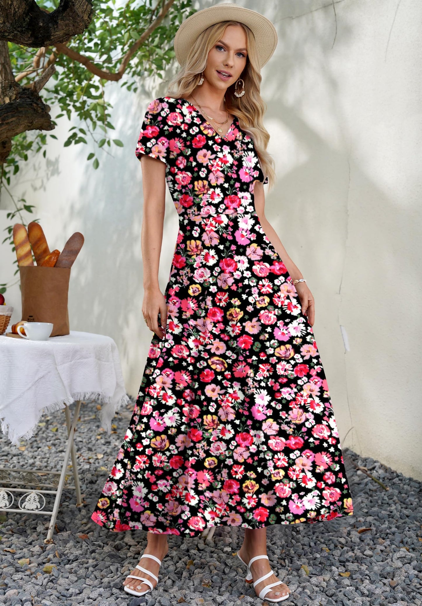 AUSELILY Maxi Dresses for Women Ankle Length Floral Print Beach Long Flowy Dress with Pockets