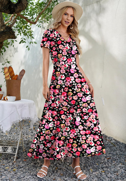 AUSELILY Maxi Dresses for Women Ankle Length Floral Print Beach Long Flowy Dress with Pockets