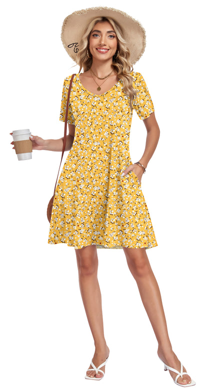 AUSELILY Tshirt Dress Women Swing Floral Short Sleeve V Neck Vacation Beach Mini Dress with Pockets