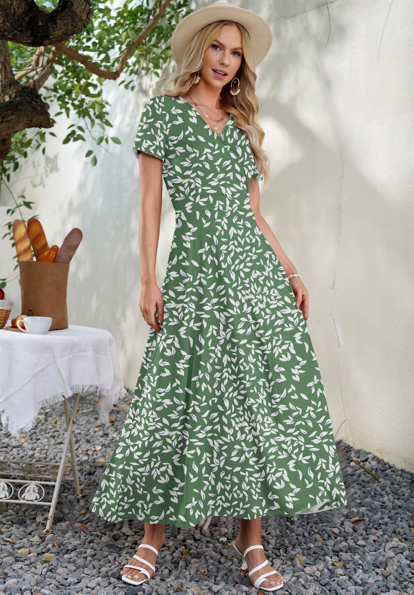 AUSELILY Maxi Dresses for Women Ankle Length Floral Print Beach Long Flowy Dress with Pockets