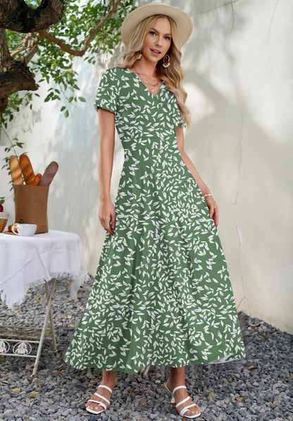 AUSELILY Maxi Dresses for Women Ankle Length Floral Print Beach Long Flowy Dress with Pockets