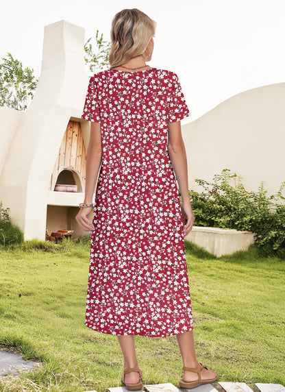 AUSELILY  Detachable Button Short Sleeve Beach VMidi Dress with Pockets