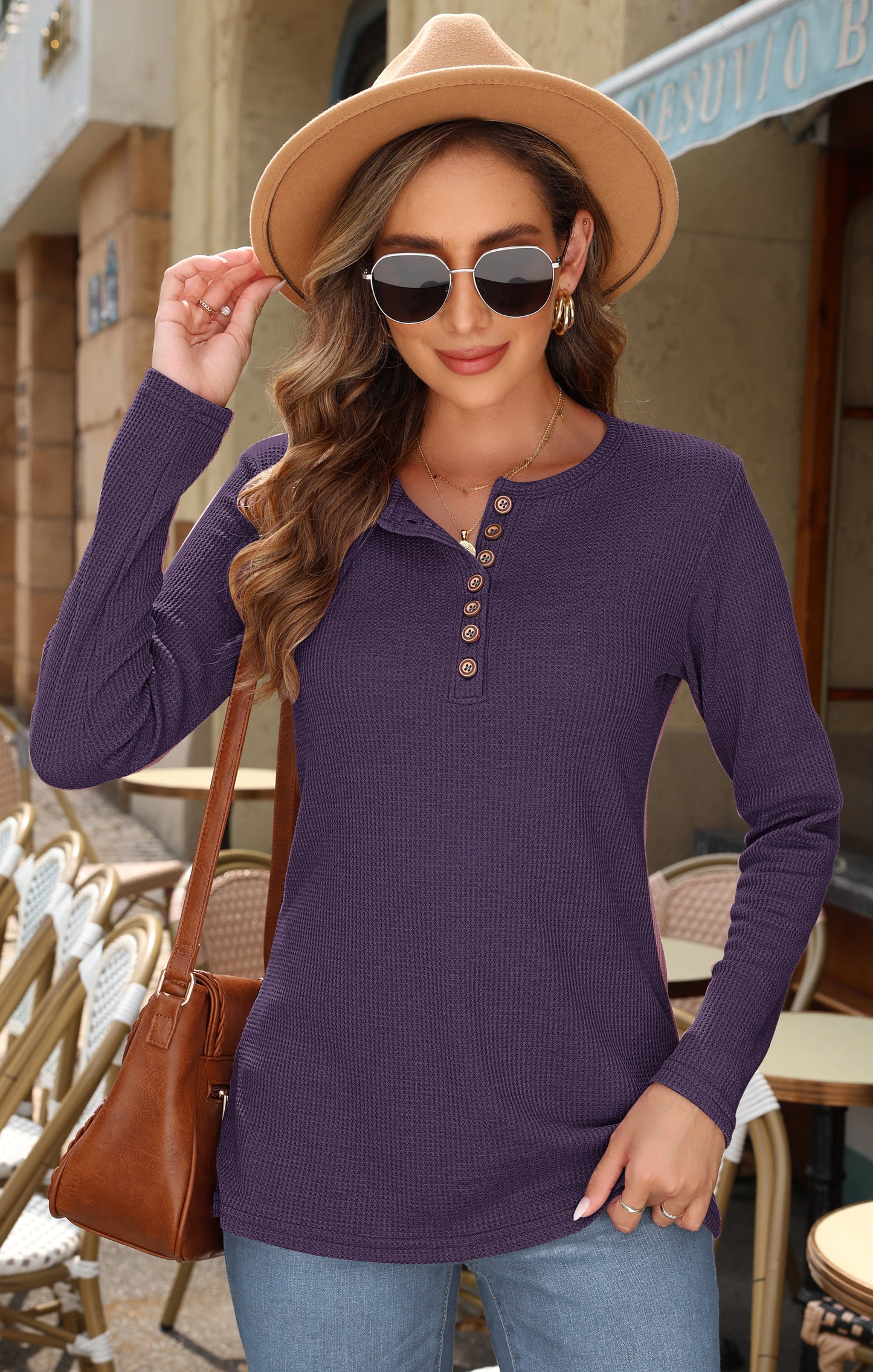 AUSELILY women's beige waffle knit henley top with long sleeves and button V neck