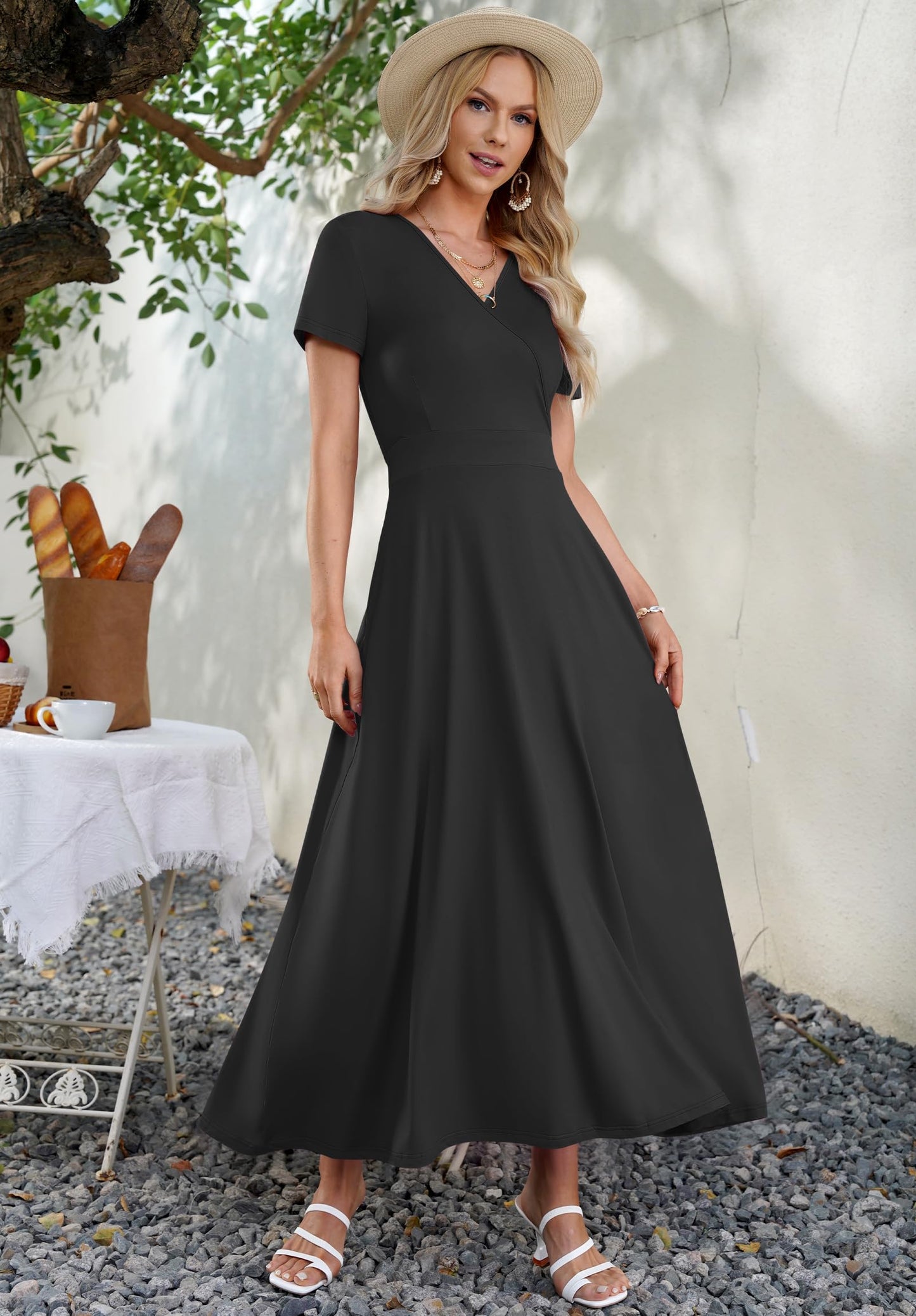 AUSELILY Maxi Dresses for Women Ankle Length Floral Print Beach Long Flowy Dress with Pockets