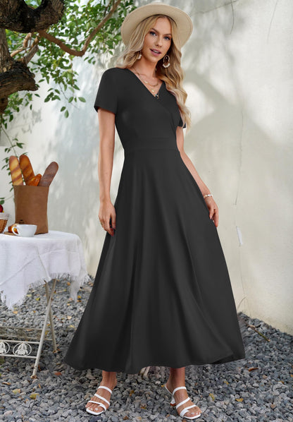 AUSELILY Maxi Dresses for Women Ankle Length Floral Print Beach Long Flowy Dress with Pockets