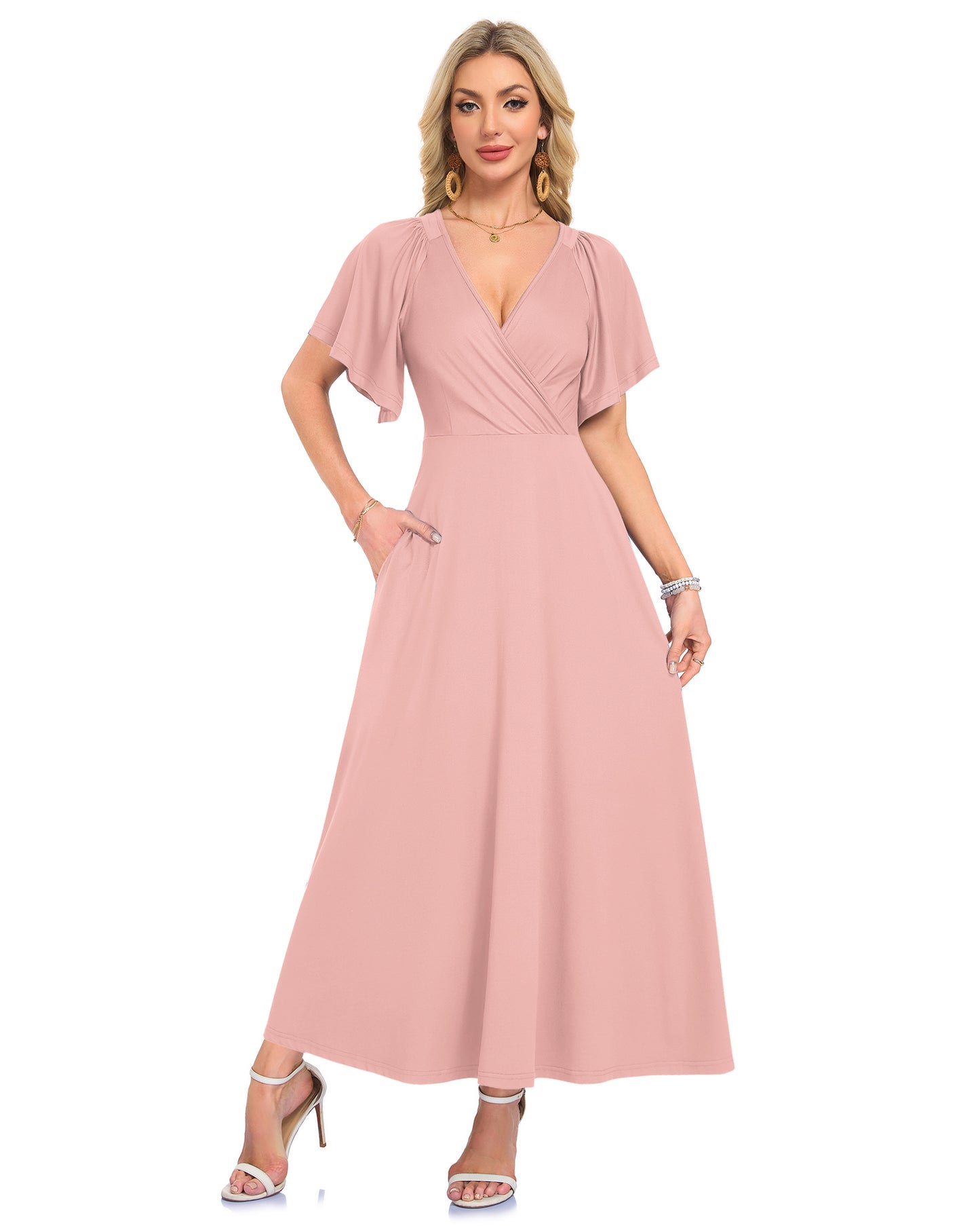 AUSELILY Long Flowy Wrap Dress Ruffle Sleeve Deep V Neck Formal Dress with Pockets