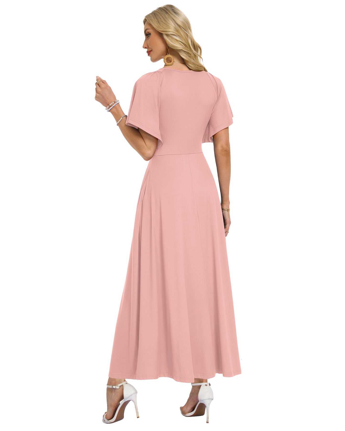 AUSELILY Long Flowy Wrap Dress Ruffle Sleeve Deep V Neck Formal Dress with Pockets