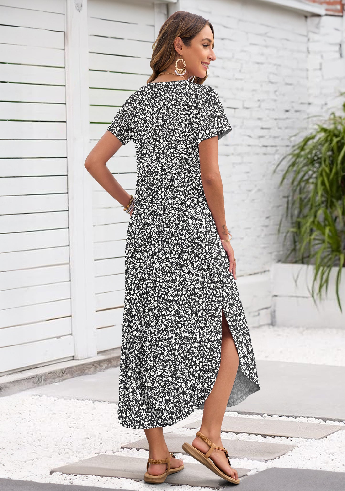 AUSELILY Women's Maxi Dress V Neck Split Long Beach T Shirt Dress
