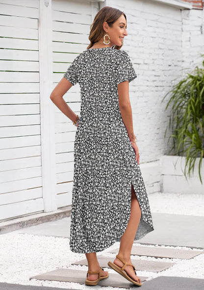 AUSELILY Women's Maxi Dress V Neck Split Long Beach T Shirt Dress