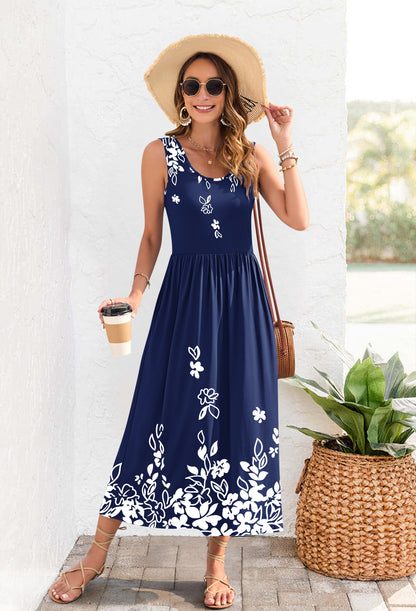 AUSELILY Casual Sleeveless Hawaiian Sundress Tropical Long Dress 
