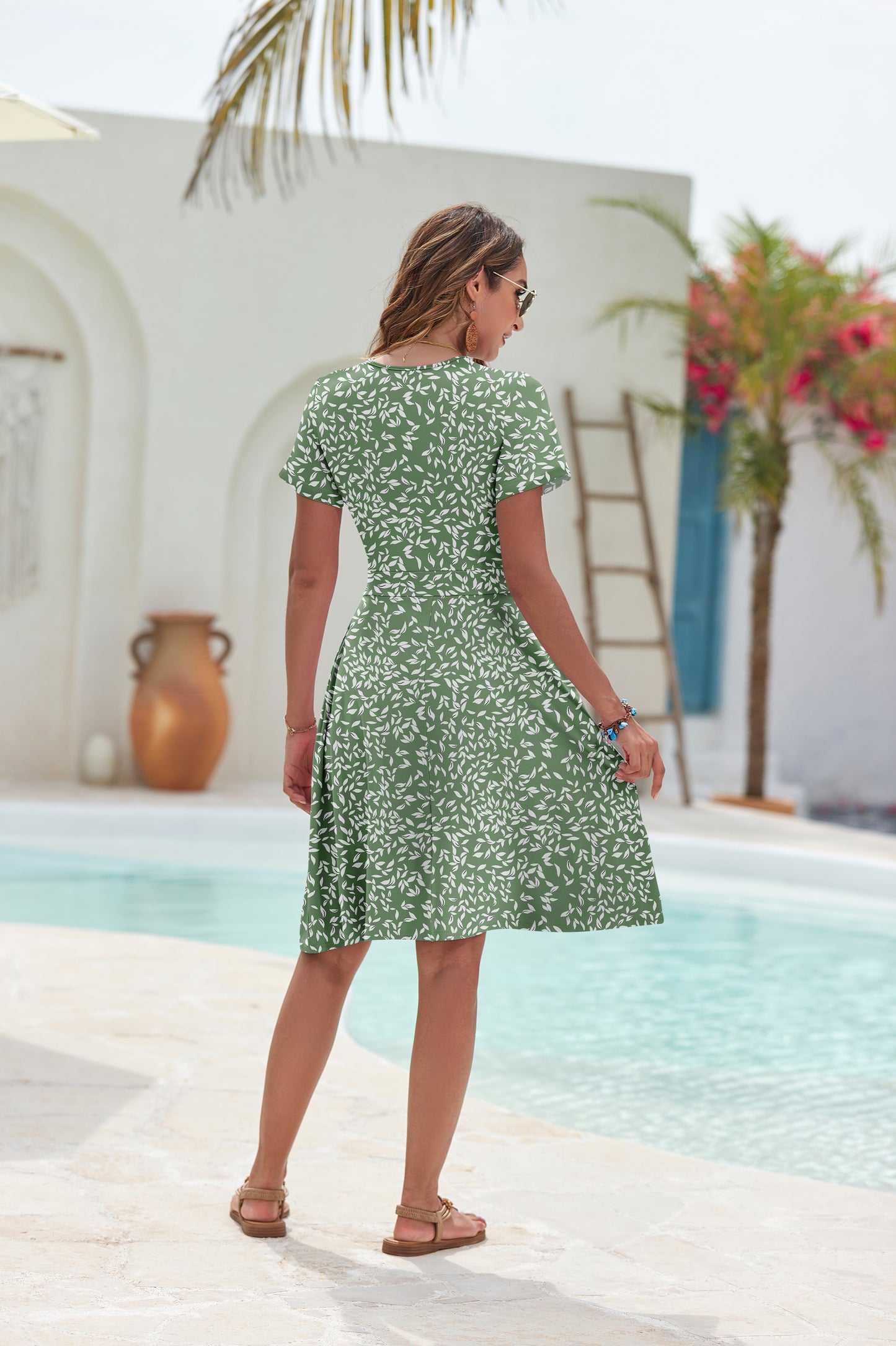 AUSELILY Womens Short Sleeve V Neck Floral Sundress with Pockets