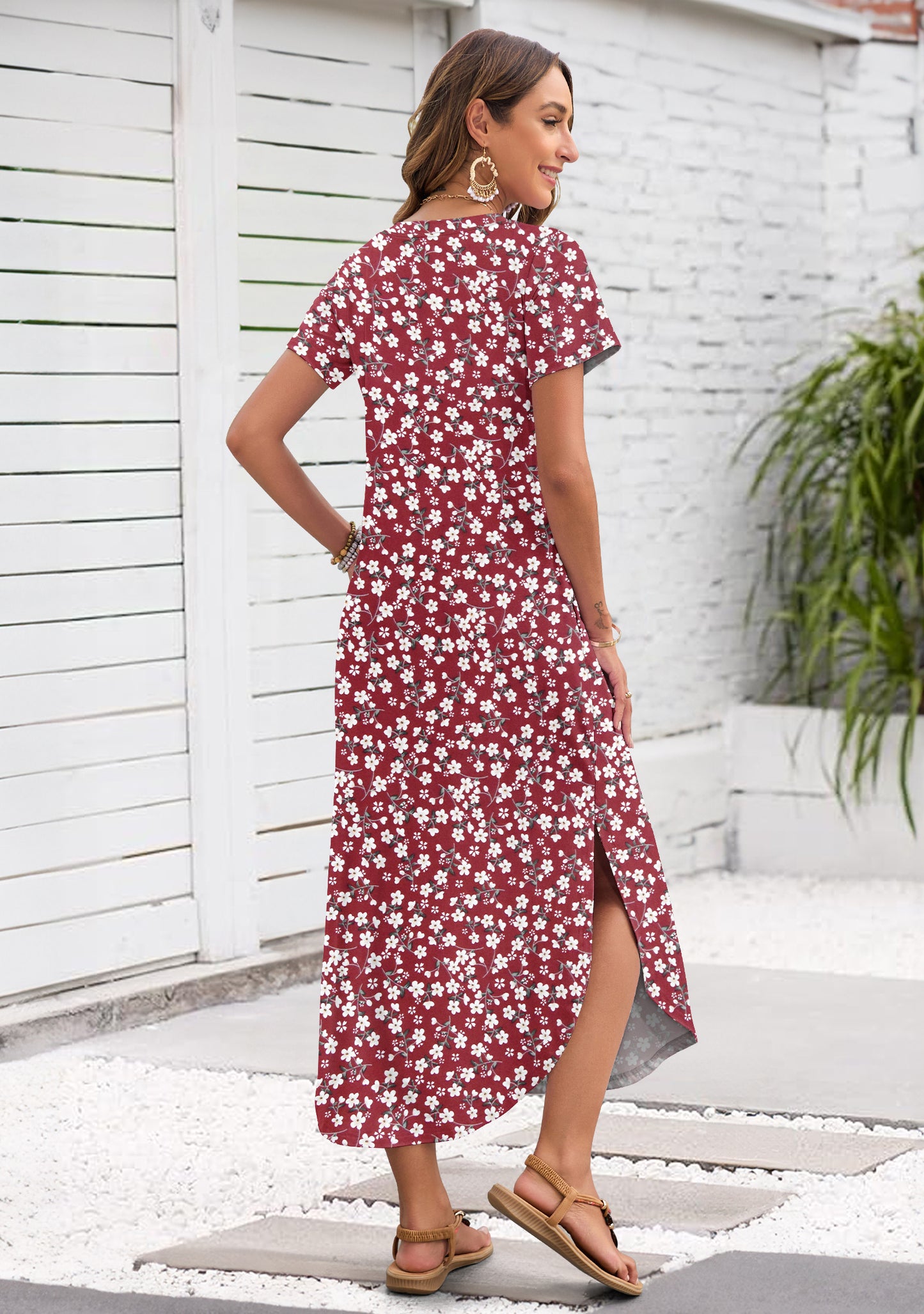 AUSELILY Women's Maxi Dress V Neck Split Long Beach T Shirt Dress