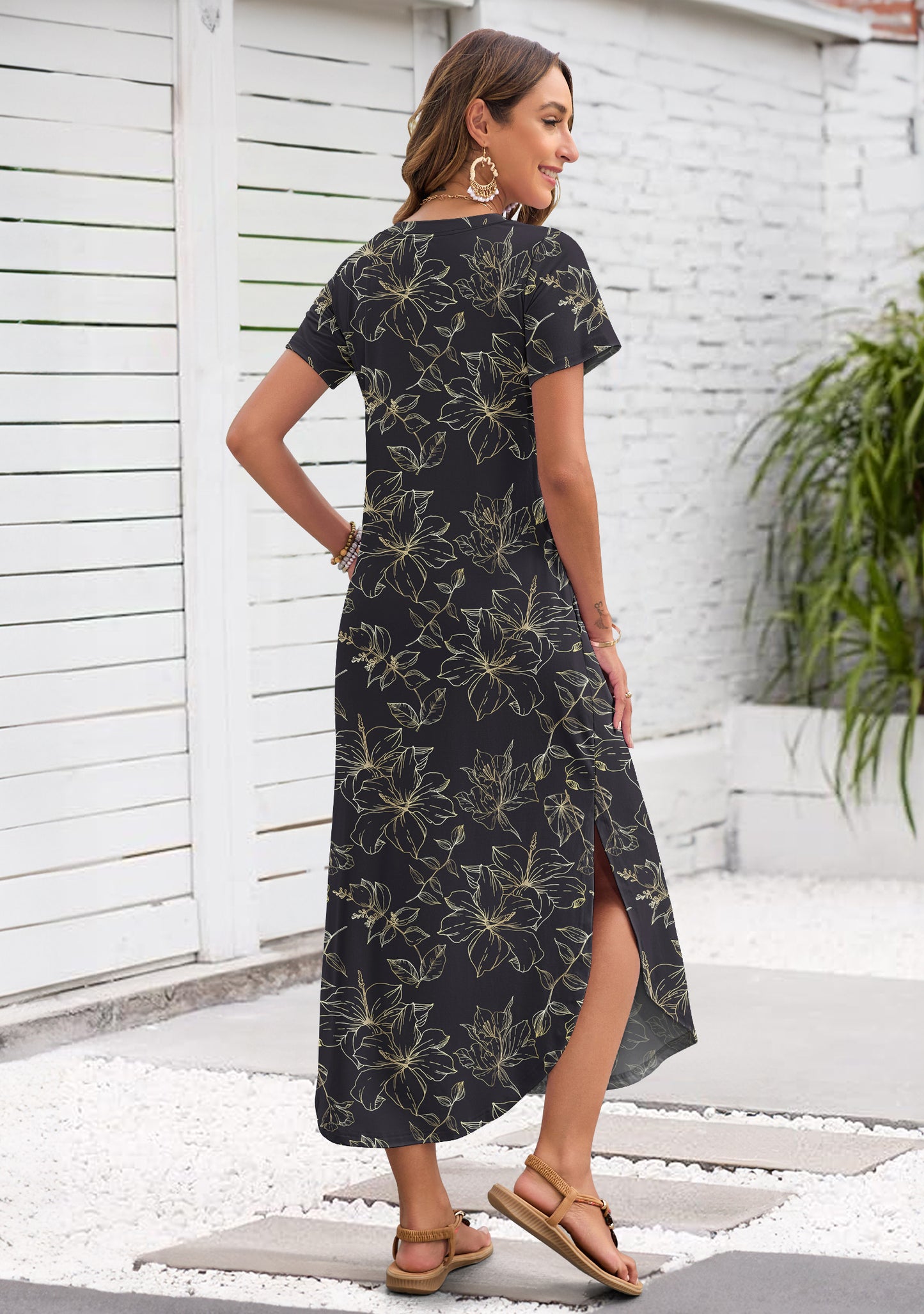 AUSELILY Women's Maxi Dress V Neck Split Long Beach T Shirt Dress