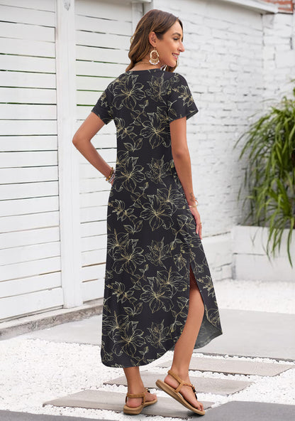 AUSELILY Women's Maxi Dress V Neck Split Long Beach T Shirt Dress