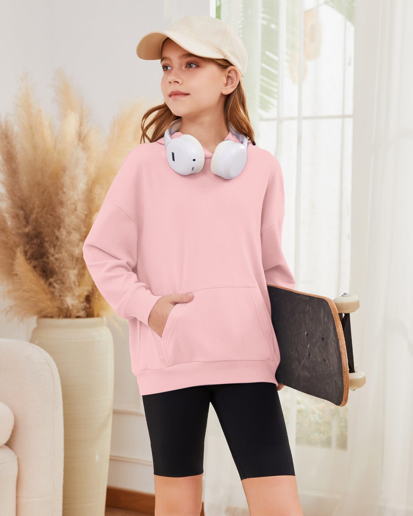 AUSELILY girls light pink fleece pullover hoodie with kangaroo pocket
