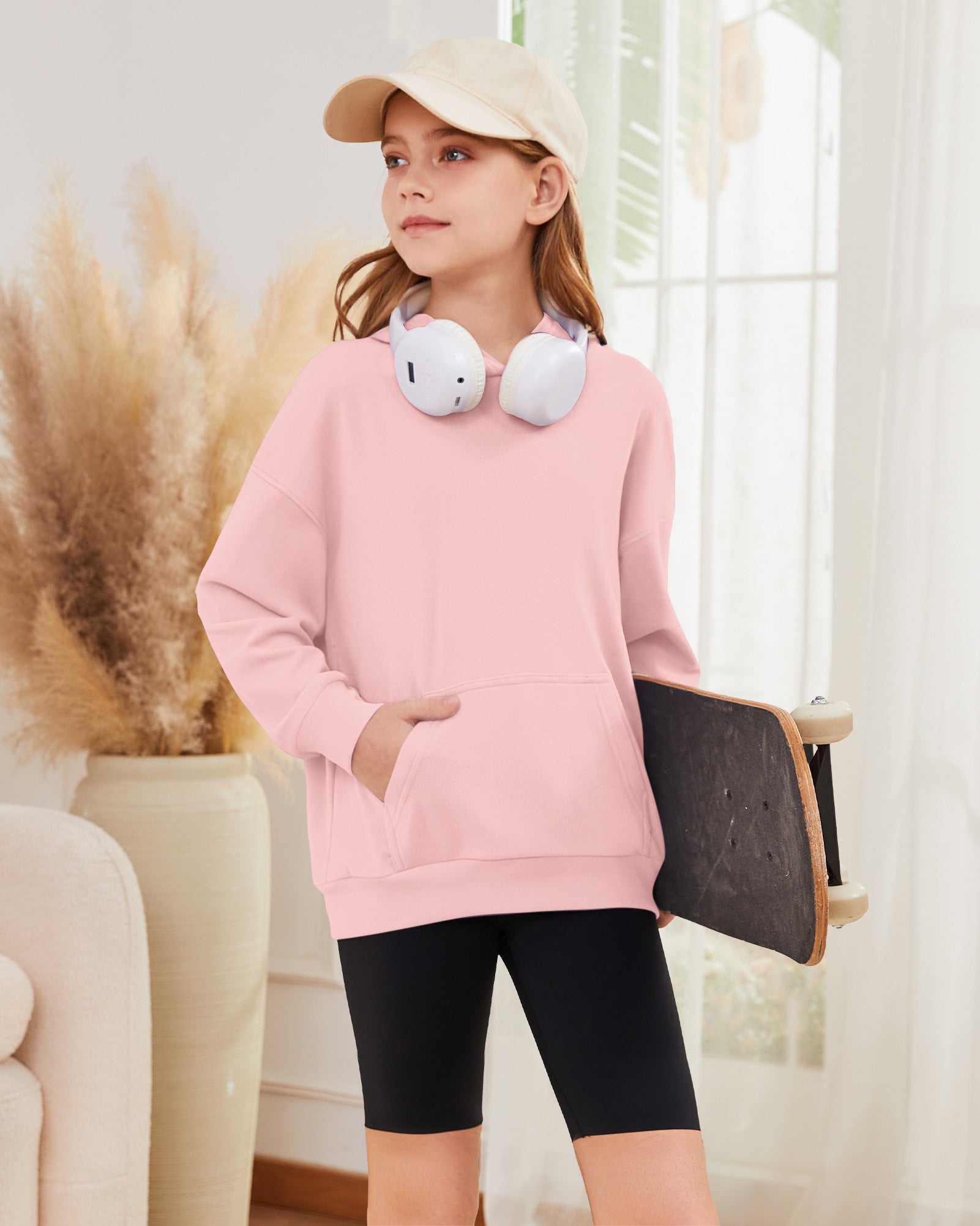 AUSELILY girls light pink fleece pullover hoodie with kangaroo pocket