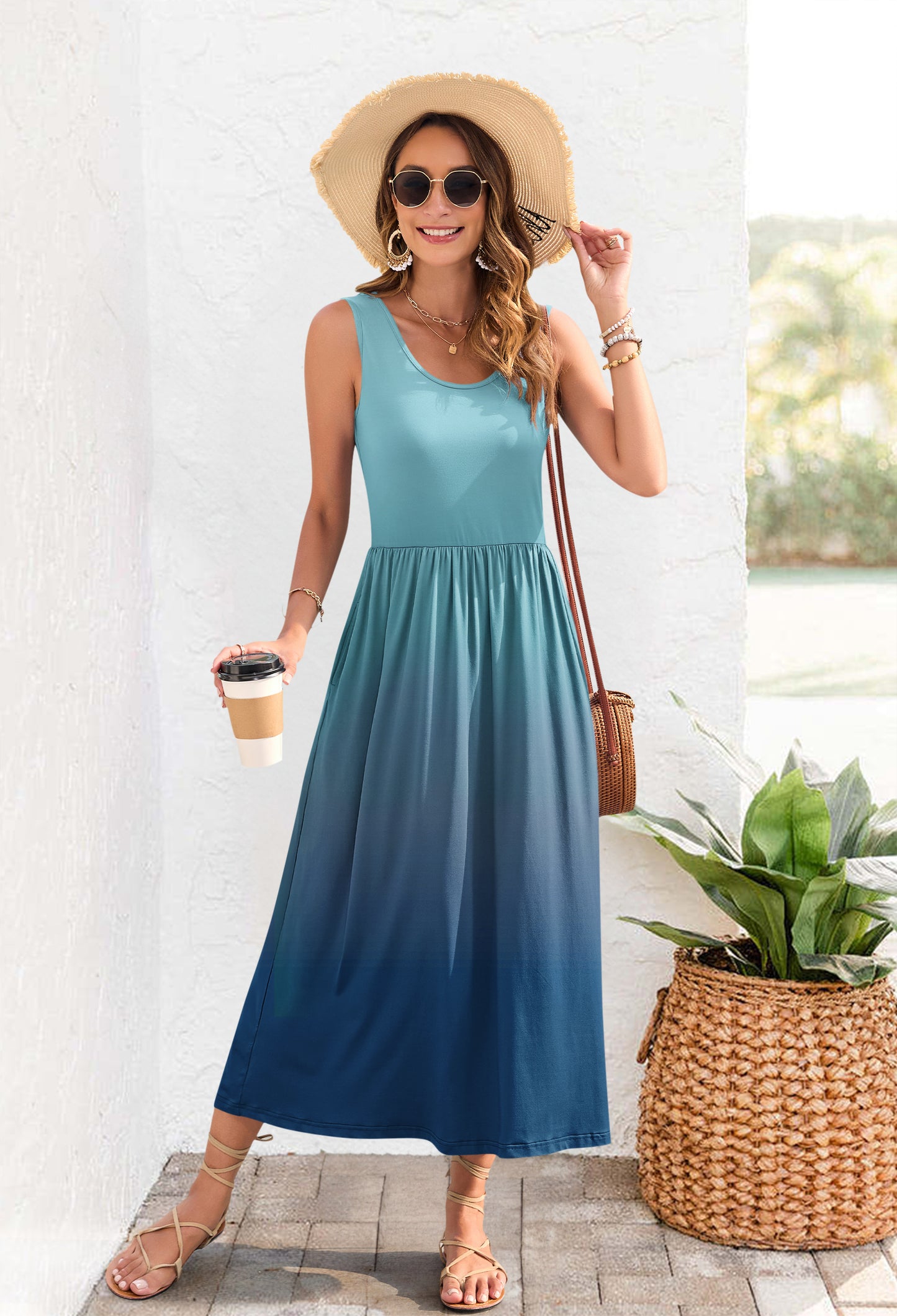 AUSELILY Casual Sleeveless Hawaiian Sundress Tropical Long Dress 