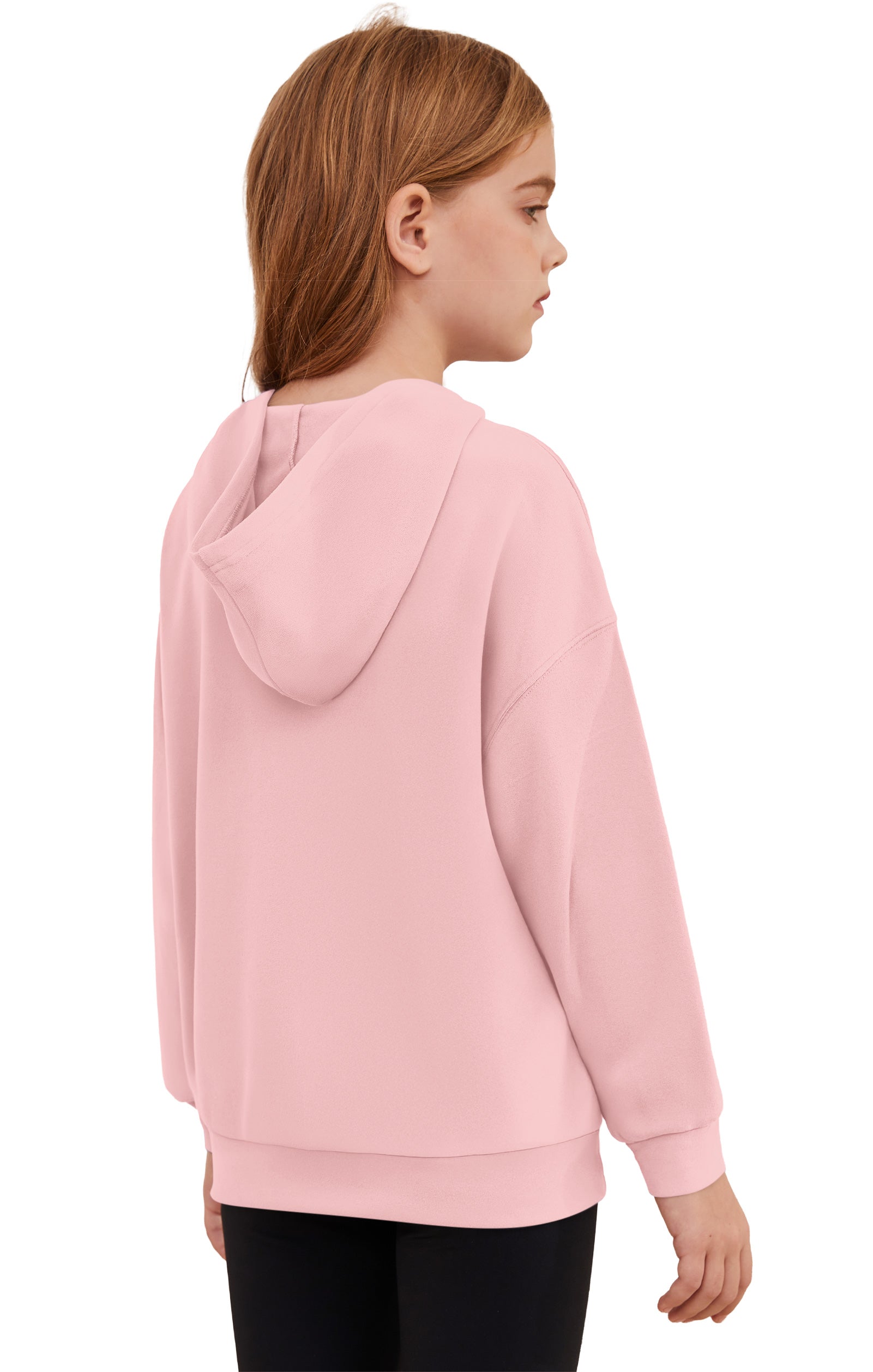 Back view of AUSELILY girls light pink fleece pullover hoodie