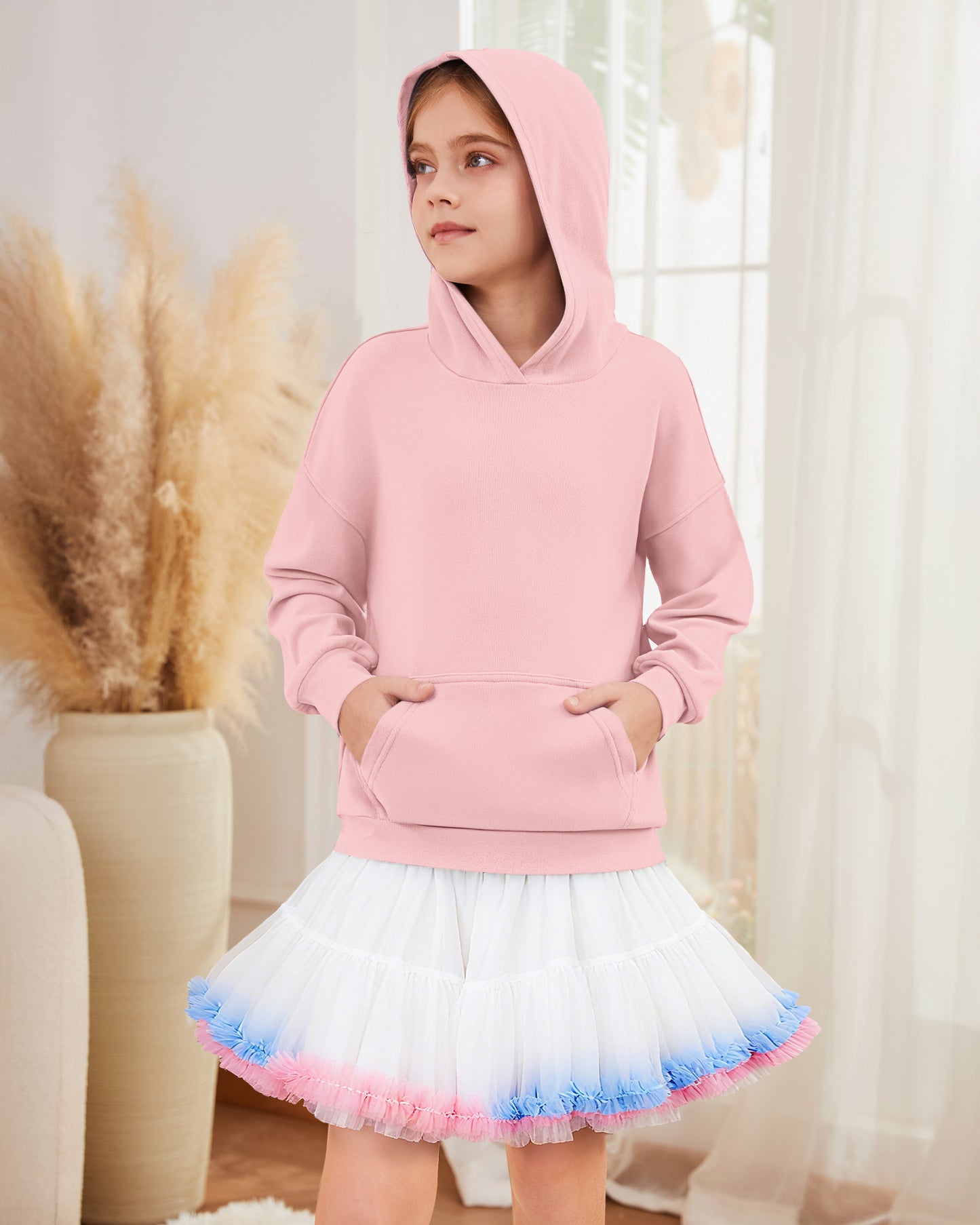 AUSELILY girls light pink fleece pullover hoodie with kangaroo pocket