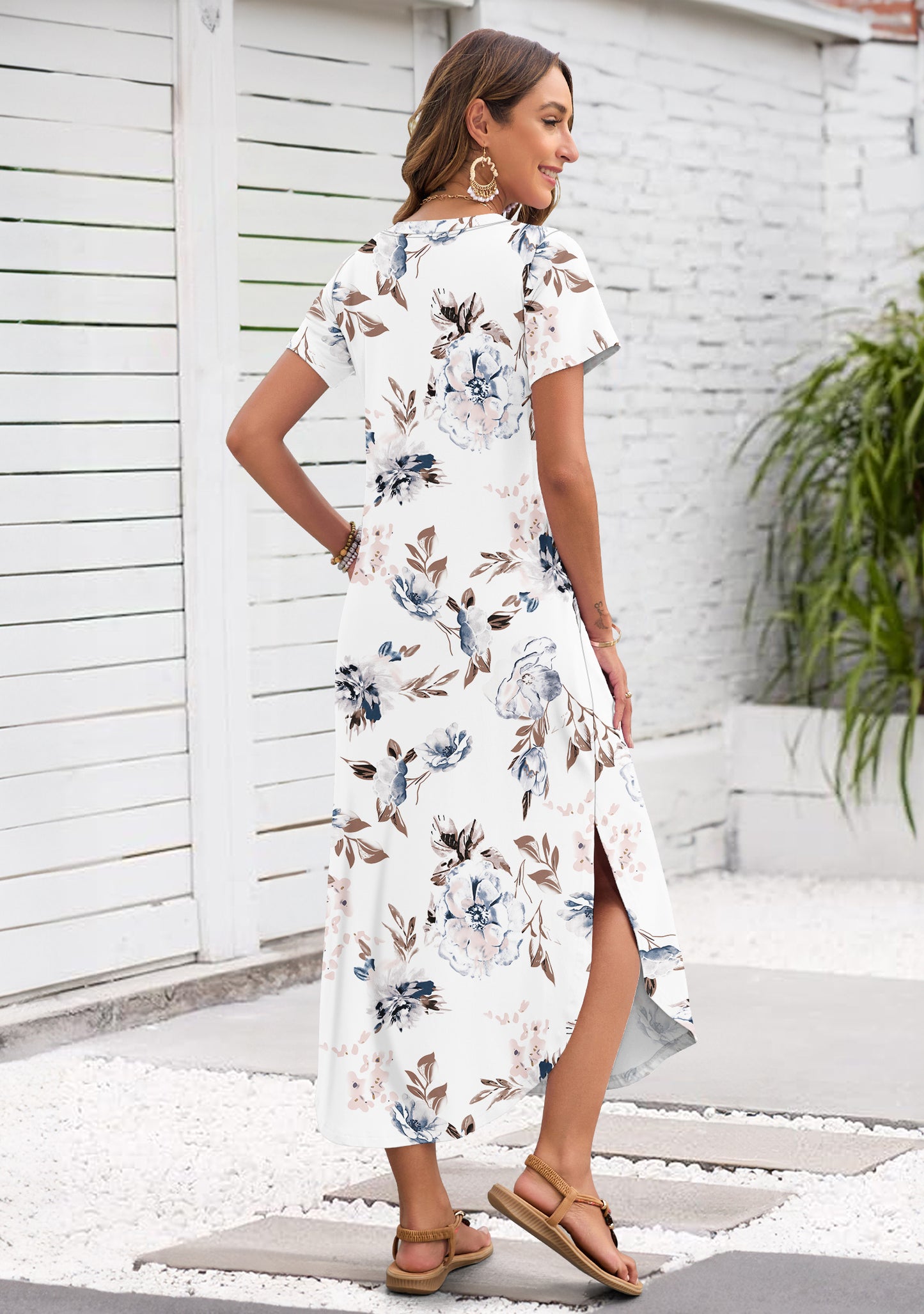 AUSELILY Women's Maxi Dress V Neck Split Long Beach T Shirt Dress