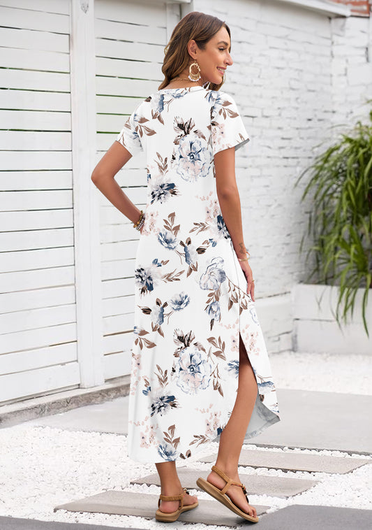 AUSELILY Women's Maxi Dress V Neck Split Long Beach T Shirt Dress
