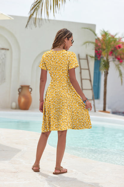 AUSELILY Womens Short Sleeve V Neck Floral Sundress with Pockets