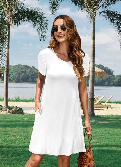 AUSELILY T Shirt Crewneck Petal Sleeve Swing Vacation Dress with Pockets