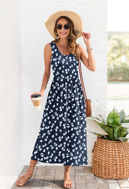AUSELILY Casual Sleeveless Hawaiian Sundress Tropical Long Dress 